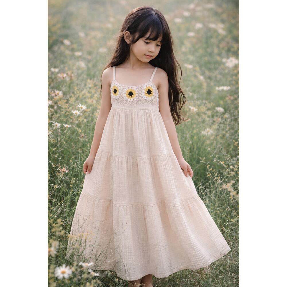 Picking Sunflowers Crochet Trim Gauzy Muslin Midi Dress 7/8